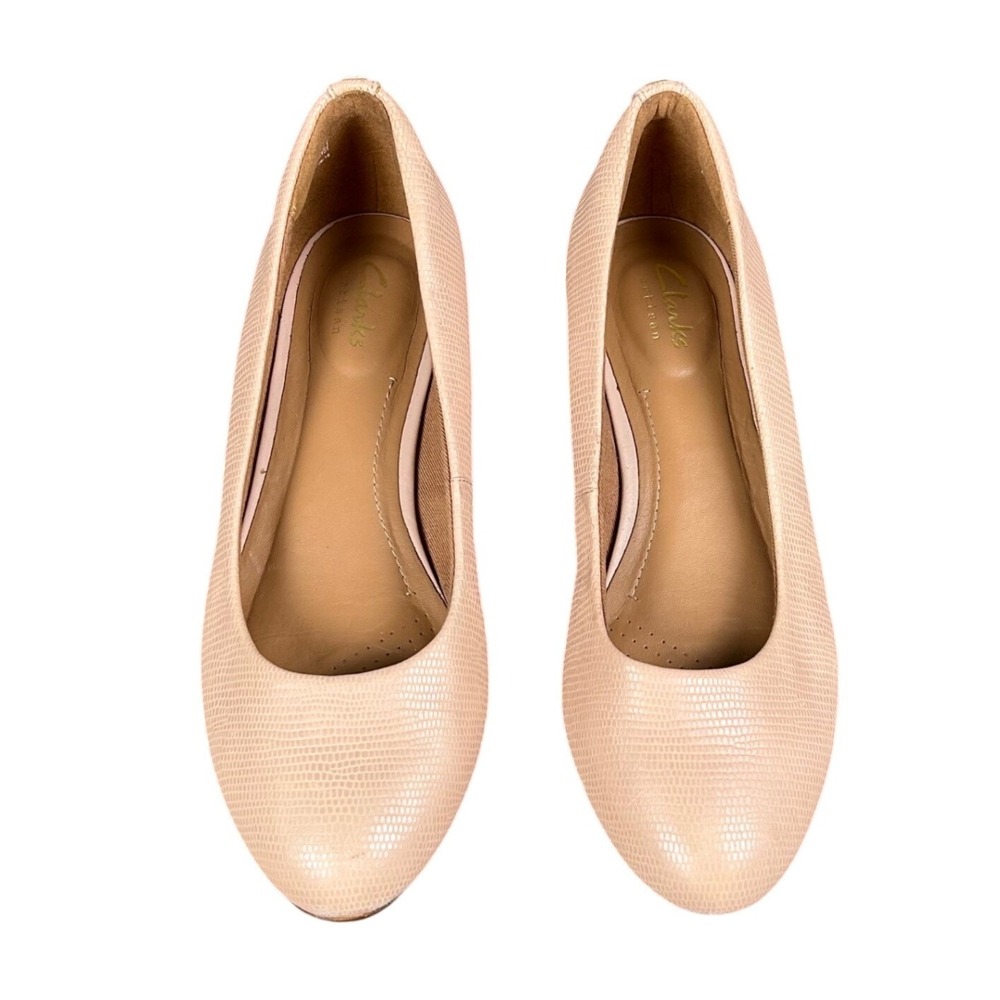 Clarks Artisan Women 6.5 Blush Pink‎ Snake Print Leather Wedge Pumps 20701